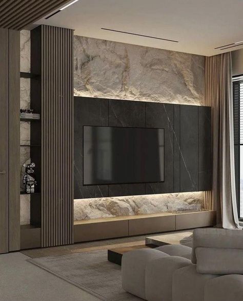 Stone Wall Tv Living Room, Tv Wall Stone, Stone Tv Unit, Accent Wall For Living Room, Tv Entertainment Wall, Wall For Living Room, Stone Accent Wall, Luxury Tv Wall, Tv Fal