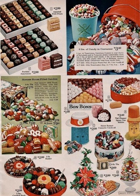 Candy Ads, Vintage Christmas Candy, Christmas Ads, Xmas Candy, Christmas Advertising, Ribbon Candy, Retro Food, Candied Fruit, Vintage Xmas