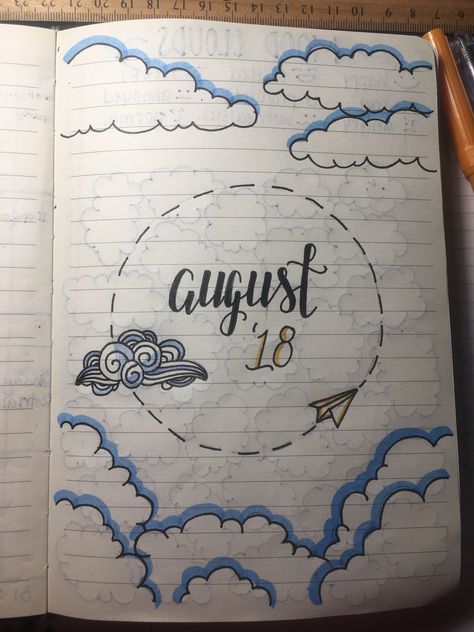 cloud theme bullet journaling for august Cloud Border Design, English Assignment Cover Page Ideas, January Bujo, Page Boarders, Journal August, Cloud Theme, Cloud Decoration, Paper Art Design, Front Page Design