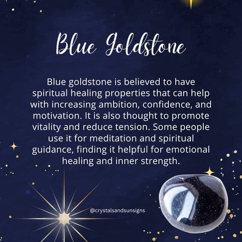 Blue goldstone is a man-made glass that contains copper particles, giving it a sparkly appearance similar to aventurine. The shimmering effect is achieved by heating silica, copper oxide, and other ingredients together. #FunFact: It was created in 17th-century Venice by Miotti family, who accidentally discovered the process. Just like natural gemstones, blue goldstone is believed to have metaphysical properties. 💙✨ #Goldstone #Geology #Origin #bluegoldstone #gemstoneshop #gemstonehealing Blue Goldstone Meaning, Goldstone Properties, Goldstone Meaning, Gems Crystals, Blue Aventurine, Reduce Tension, Crystal Healing Stones, Blue Goldstone, Sun Sign