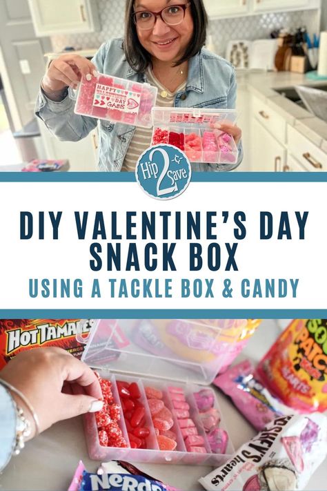 Here is a cute DIY Valentine’s Day gift idea on a budget. Make this cute Valentine snackle box filled with candy for a unique Valentine’s Day craft or gift. Valentine Tackle Box Ideas, Tackle Box Valentines Day, Snackle Box Gift Ideas, Valentine Treat Boxes, Snackle Box, Valentines Snacks, Small Utility, Dollar Store Diy Projects, Diy Valentine's Day