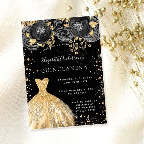 Quinceanera black gold glitter dress florals invitation Black Gold Dress, Gold Glitter Dress, Sweet Sixteen Invitations, Invitation Flyer, Gold And Black Dress, Sweet 16 Birthday Party, Black Invitation, Sweet 16 Invitations, Quinceanera Invitations