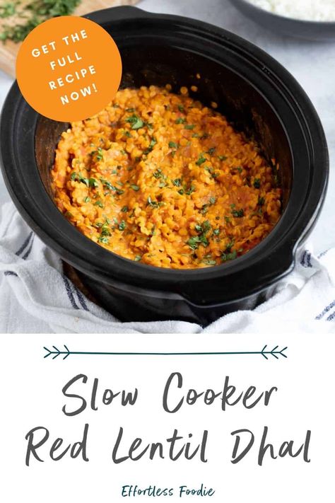 A slow cooker red lentil dahl recipe with fragrant spices and coconut milk. It's a hearty and healthy vegan meal that's also budget-friendly! Lentil Dahl Recipe, Red Lentil Dahl Recipe, Slow Cooker Lentil Curry, Red Lentil Dahl, Lentil Recipes Healthy, Slow Cooker Lentil Soup, Dahl Recipe, Slow Cooker Curry, Vegan Slow Cooker Recipes