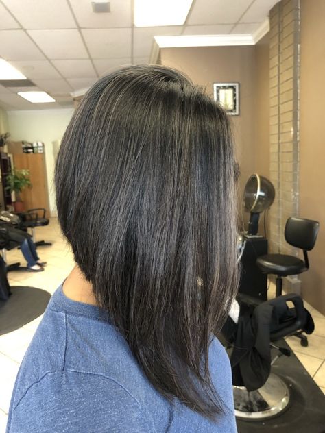 Long Inverted Bob With Bangs, Long Inverted Bob With Layers, Long Aline Haircut, Long Angled Bob With Layers, Medium Length Inverted Bob, A Line Bob Short, Long Aline Bob, Long Angled Bob Haircuts, Triangular Haircut