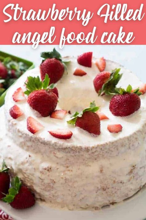 This light and fluffy strawberry creme filled angel food cake is a classic dessert recipe that's perfect for entertaining! #strawberry #angelfood #cake #dessert #recipe Stuffed Angel Food Cake, Angel Food Cake Toppings, Angelfood Cake, Strawberry Angel Food Cake, Angel Food Cake Desserts, Fresh Strawberry Recipes, Angel Food Cake Mix Recipes, Strawberry Dessert Recipes, Dump Cake Recipes