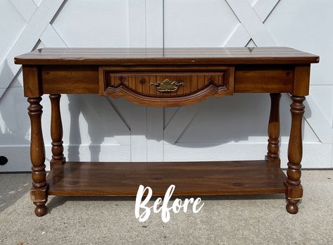 Sweet friends, I am SO excited to have a brand new haul to play with!! Today, I'm sharing an 80's sofa table makeover that was one of several pieces I picked up while yard saling a couple of weeks ago. I like to share my new hauls before diving in, but I'm joining my Furniture Add Shelf To Table, Entryway Table Flip, Entryway Table Refurbished, Entry Table Paint Ideas, Refurbished Sofa Table, Sofa Table Redo Furniture Makeover, Sofa Table Refinishing Ideas, Entry Table Makeover Diy, Refurbished Hall Table