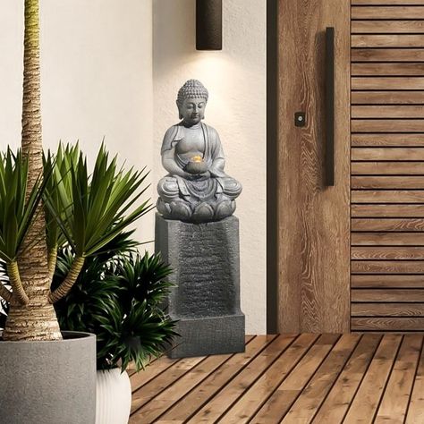 Grey Resin Meditating Buddha on Column Patio Fountain with LED Lights - Bed Bath & Beyond - 30917399 Backyard Statues, Zen Water Fountain, Modern Zen Garden, Buddha Fountain, Zen Corner, Patio Fountain, Meditating Buddha, Outdoor Fountains, Walkway Landscaping