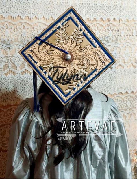 Custom Leather Graduation Cap, Leather Tooled Graduation Cap, Leather Grad Cap, Leather Graduation Cap, Western Graduation, Grad Cap Decorated, Senior Crowns, Leather Inspiration, High School Graduation Cap