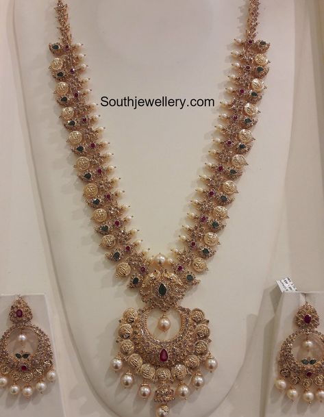 Miniharam Latest Designs, Mango Haram Designs Gold Latest Long, Uncut Haram, Manavarai Saree, Haram Designs Gold Latest, Kasu Haram, Mango Mala, Antique Gold Necklace, Latest Indian Jewellery