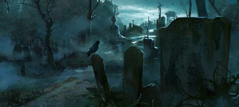 graveyard, yang qi on ArtStation at https://www.artstation.com/artwork/4RPX2 Graveyard Artwork, Graveyard Art, Last Ride, The Evil Within, Fantasy Setting, Gothic Horror, Fantasy Places, Sea Art, City Landscape