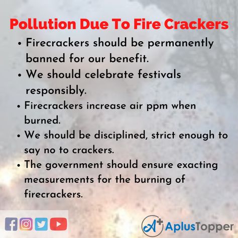 Essay On Pollution Due To Fire Crackers | Pollution Due To Fire Crackers Essay for Students and Children in English - A Plus Topper Diwali Firecrackers, Say No To Crackers, Causes Of Air Pollution, Fire Crackers, Yoga Facts, Breathing Problems, Noise Pollution, Essay Questions, Short Essay