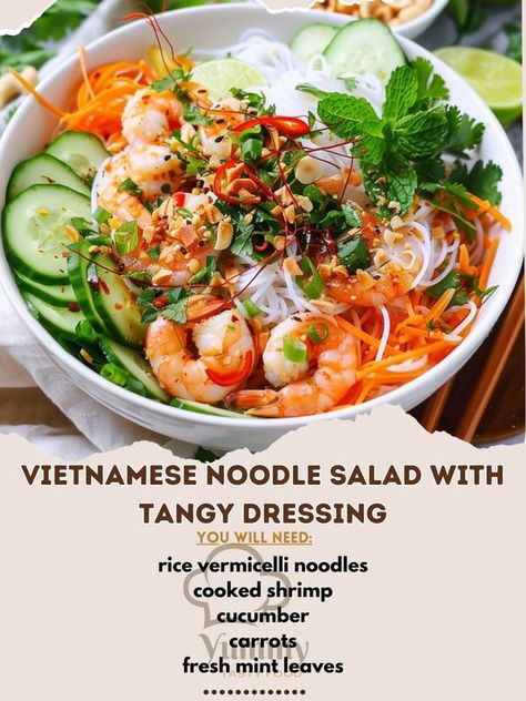 Vietnamese Salad, Vietnamese Noodle Salad, Vietnamese Noodles, Cooked Shrimp, Vermicelli Noodles, Rice Vermicelli, Asian Noodles, Vietnamese Cuisine, Noodle Salad