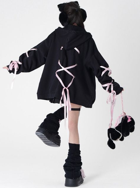 ❤︎Backside Lace-up Over Hooded Hoodie❤︎ This item will take 1 week to ship. Hood Up Outfit, Preppy Tops, Lace Hoodie, Black Hood, Kawaii Fashion Outfits, Fashion Wishlist, Lace Collar, Zipper Jacket, Oversize Hoodie