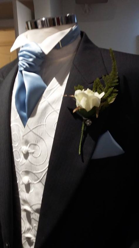 Stress3hire charcoal tail suit, white waistcoat and powder blue cravat. Blue Prom Suits For Men, Tail Suit, Tuxedo Wedding Groomsmen, White Waistcoat, Prom Suits For Men, Morning Suits, Suit White, Prom Flowers, Wedding Groomsmen