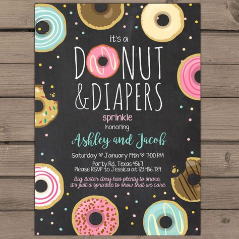 Donuts and Diapers Sprinkle Baby Shower by Anietillustration Donut Themed Baby Shower Ideas, Donuts And Diapers Sprinkle, Donut Brunch, Donuts And Diapers, Donut Birthday Party Invitations, Donut Invitation, Baby Boy Sprinkle, Grown Up Parties, Sprinkle Shower