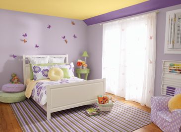 Benjamin Moore paints can create a calming, day-dream like quality to a room. (Abby's Room) Accent with Hot Pink and light green. Purple And Yellow Bedroom, Walk Closet, Purple Girls Bedroom, Girls Bedroom Paint, Girls Room Paint, Decorating Bedroom, Purple Rooms, Yellow Room