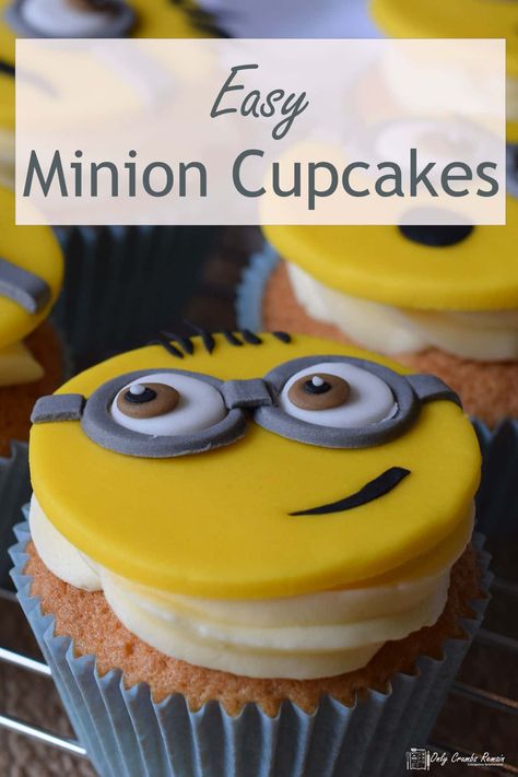 For the minion fans amongst us, these fun easy minion cupcakes will appeal to small and big kids alike. A step by step video takes you through how to make the cake toppers which sit on a vanilla cupcake topped with vanilla buttercream. #OnlyCrumbsRemain #MinionCakes #CakeTopper #EasyMinionCakes Minion Cupcake Toppers, Minion Cupcake, Despicable Me Cake, Novelty Cupcakes, Birthday Cupcakes Boy, Minion Birthday Cake, Minion Cupcakes, Birthday Baking, Kid Cupcakes