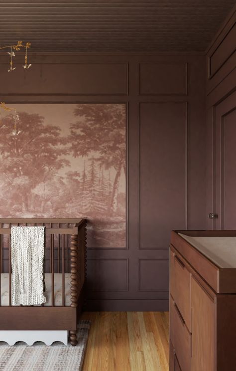 My Moody Baby Room Renderings – Box + Barrow Moody Blush Bedroom, Dark Aesthetic Nursery, Dark Pink Nursery Walls, Dark Color Nursery, Brown Accent Wall Nursery, Mauve Purple Nursery, Dusty Plum Paint Color, Nursery Ideas Moody, Brown Nursery Walls