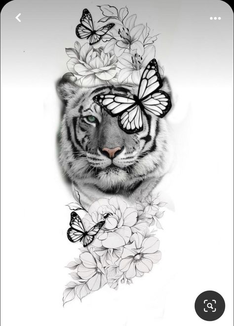 Lion Tattoo With Flowers And Butterflies, Tiger With Butterfly Tattoo, Feminine Tiger Tattoo For Women Arm, Tiger Tattoo With Leaves, Lion And Butterfly Tattoo, Tiger Thigh Tattoo For Women, White Tiger Tattoo For Women, Tiger And Butterfly Tattoo, Feminine Tiger Tattoo For Women