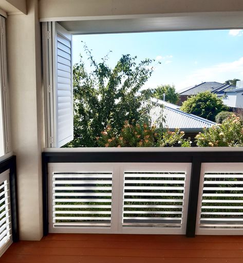 Japanese Porch, Australia Dollar, Aluminium Shutters, Lattice Patio, Designer Window Treatments, Outdoor Shutters, Raised House, Deck Railing Design, Sliding Shutters