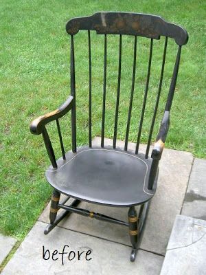 A rocking chair makeover. Complete with striped cushion. This was a black beauty with lovely gold detailing: But the black had to go for something a little more fresh: Here’s how I did it: 1. Sand off old finish: 2. Paint 3 coats off white paint. 3. Sand to distress. 4. Stain with Minwax cherry.... Read more Rocking Chair Redo, Build Your Own Sofa, Rocking Chair Makeover, Old Rocking Chairs, Off White Paint, Canvas Drop Cloths, Rocking Chair Cushions, Building Painting, Off White Paints