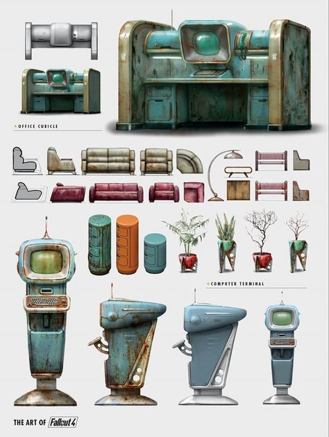 The Art of Fallout 4 by Bethesda Softworks Fallout Furniture, Fallout Scenery, Fallout 4 Concept Art, Computer Terminal, Fallout Rpg, Fallout Fan Art, Fallout Concept Art, Fallout Game, Props Concept