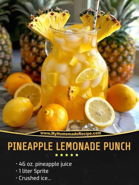 Homemade recipes | Pineapple Lemonade Punch | Facebook Crockpot Party, Fancy Snacks, Pineapple Lemonade Punch, Pineapple Lemonade Recipe, Homemade Drinks Recipes, Recipes Pineapple, Country Time Lemonade, Lemonade Punch, Cold Starbucks Drinks