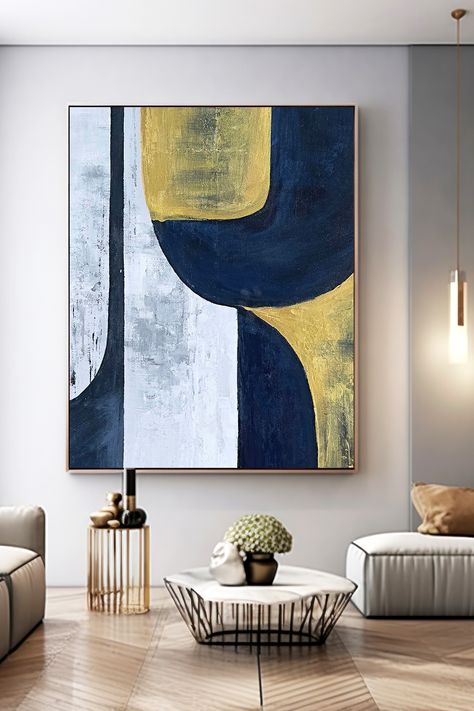 Modern abstract wall art: Original handmade painting featuring navy blue, gold, and white geometric shapes on textured canvas Palette Knife Art, Navy Blue And Gold, Modern Abstract Wall Art, Blue And Gold, Abstract Wall, Abstract Wall Art, Christmas Home, Blue Gold, Color Splash