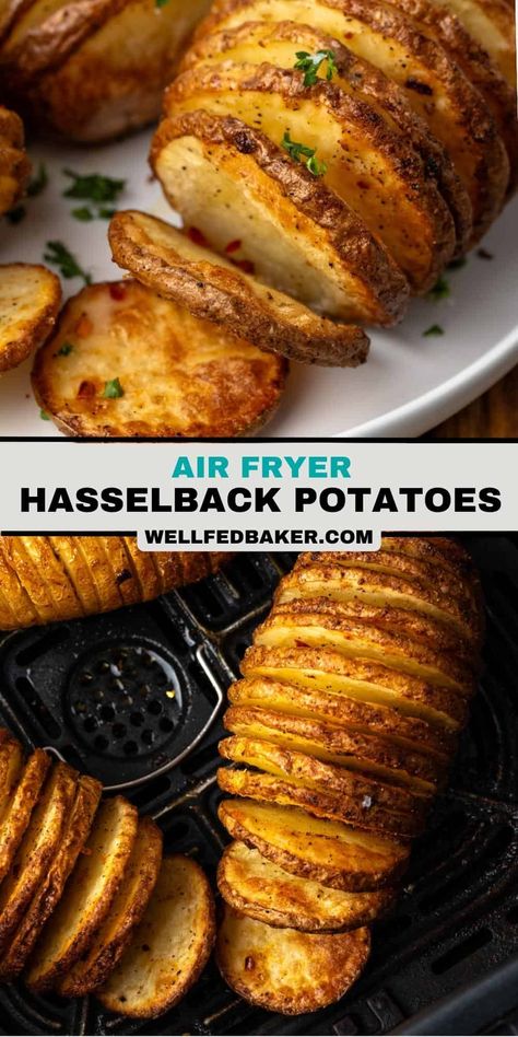 Air Fryer Hasselback Potatoes, Sliced Baked Potatoes, Baked Potato Slices, Air Fryer Baked Potato, Hasselback Potatoes, Best Air Fryer, Potato Recipes Side Dishes, Air Fryer Dinner Recipes, Potato Side Dishes