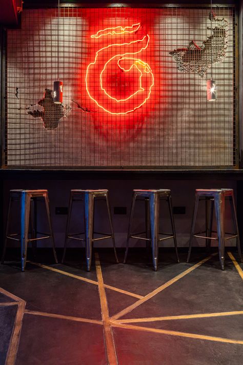 Interior Design, Neon, Neon Light, Flooring, Concrete, Restaurant design London Neon Lights Restaurant Interior Design, Concrete Restaurant Design, Neon Restaurant Interior, Concrete Restaurant, Neon Interior Design, Neon Restaurant, Club Design Interior, Light Flooring, Restaurant Lighting Design