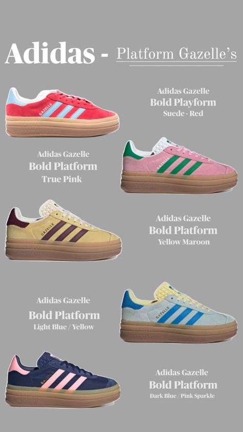 Color ways with descriptions from Adidas Gazelle Bold Platforms, Cream base. Adidas Gazelle Bold, Gazelle Bold, Yellow Adidas, Cream Base, Color Ways, Adidas Outfit, Pink Sparkle, Red Adidas, Pink Adidas