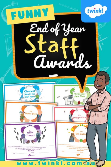 Use our Funny End of Year Teacher Awards as a way to promote school staff health and wellbeing. This pack contains 16 different staff awards that are sure to get a smile. School Award Certificates, Staff Awards, Teacher Awards, School Awards, Staff Room, End Of Term, Award Certificates, School Staff, Funny School