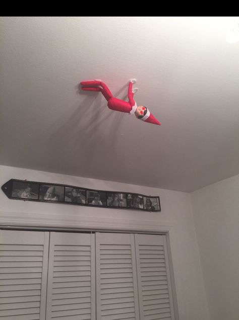 12/5/18 Demon Elf on the Ceiling Elf Hanging From Ceiling, Elf On Ceiling, Elf On The Shelf Ceiling, Demon Elf, Awesome Elf On The Shelf Ideas, Elf Ideas, Buddy The Elf, The Ceiling, Shelf Ideas