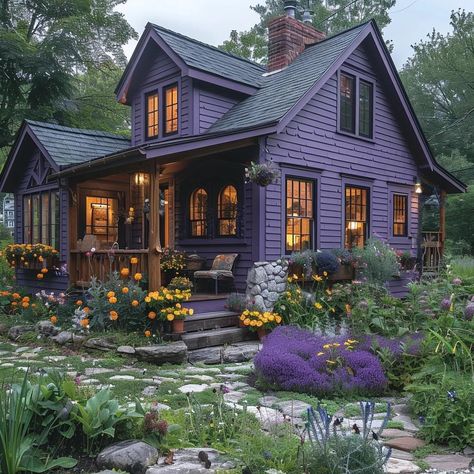 Lavender Home Exterior, Small Unique Homes, Landscape Studies, Purple House, Victorian Exterior, Curated Home, Cottage In The Woods, Purple Home, Home Space