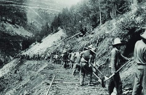 After the new Colorado Highway Department was asked to take over the former Otto Mears toll road from Ouray to Silverton in 1916, portions of the route were rebuilt to locations much higher above the Uncompahgre River to avoid frequent flooding.  In 1918, this was how a new portion of the road high above the river was being constructed.  It was tough, painstaking work by hand and with explosives.  Colorado Department of Transportation Archives, Denver. Wolf Creek Pass Colorado, Georgetown Loop Railroad Colorado, Colorado History, Berthoud Pass Colorado, Colorado Railroad, Toll Road, Ghost Towns, Colorado