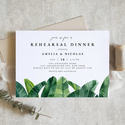 Watercolor Banana Palm Leaves Rehearsal Dinner Invitation Tropical Bridal Shower Invitations, Beach Bridal Shower Invitations, Bridal Luncheon Invitations, Retirement Party Invitation, Classic Typography, Beach Bridal Showers, Banana Palm, Wedding Rehearsal Dinner Invitations, Retirement Party Invitations