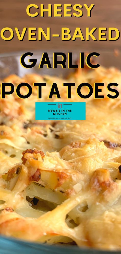 Cheesy Oven-Baked Garlic Potatoes. A simple, easy side dish recipe, with fluffy potatoes, cheese, and onions, baked in a tasty garlic and herb mix. The perfect cheesy potato bake! Cheesy Garlic Potatoes In Oven, Garlic Cheese Potatoes, Cheesy Potatoes In Oven, Cheesy Garlic Potatoes, Diced Potatoes In Oven, Potato Recipes In Oven, Cheesy Potatoes With Real Potatoes, Oven Cheesy Potatoes, Fluffy Potatoes