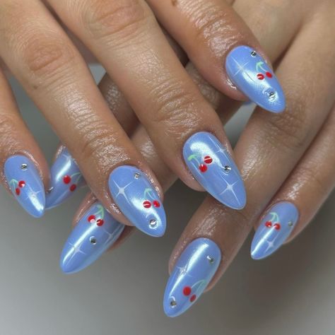 Blue Chrome Nails, Red Ferrari, Retro Nails, Hello Nails, Nail Art Salon, Cherry Nails, Grunge Nails, Blue Nail Designs, Blue Bell