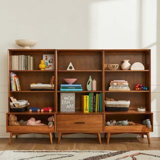 Vertical Living Room, Mid Century Hutch, Low Bookshelf, Living Room Shelving, Mid Century Bookshelf, Low Bookshelves, Storage Hutch, Sideboard Styles, Mid Century Storage