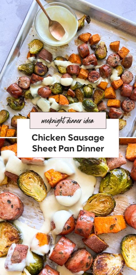 For a healthy and simple sheet pan dinner, try roasted brussels sprouts and sweet potatoes with chicken sausage. This easy idea is perfect for the whole family and is one of the best baked meals you can make. Chicken Sausage Sheet Pan Dinner, Chicken Sausage Sheet Pan, Dinner With Veggies, Sausage Sheet Pan Dinner, High Fiber Dinner, Sausage Sheet Pan, Baked Brussel Sprouts, Sheet Pan Dinners Chicken, High Protein Dinner