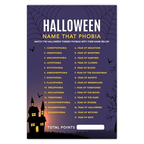 PRICES MAY VARY. PHOBIA FUN UNLEASHED: Our set of 24 Halloween Name That Phobia game cards delivers a thrilling twist to your gatherings, as players match Halloween-themed phobias with their names. Perfect for Halloween parties, classrooms, Halloween themed baby showers, bridal showers, and beyond. ABUNDANT ENTERTAINMENT: With 24 cards in every order, you have plenty of phobia-filled fun to keep your guests engaged and entertained throughout your event. QUALITY AND VIBRANCY: These 4X6-inch game Haunted House Ideas For Kids, Halloween Birthday Party Games, Fun Halloween Games For Kids, Halloween Classroom Decorations, Fun Halloween Games, Halloween Names, Halloween Baby Shower Theme, Scramble Game, Fun Indoor Activities