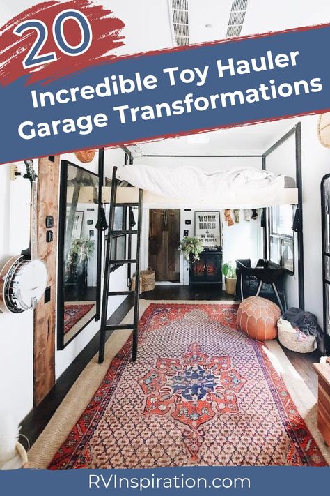 RVers need to maximize living space and converting a toy hauler garage is a great way to do it! Seeing these toy hauler garages turned into an extra bedroom, living area, or office will make you want a toy hauler to renovate yourself. In this post are 20 incredible examples of toy hauler transformations to inspire you to get creative with the extra space in your RV! #toyhauler #rvliving #rvrenovation Toyhauler Garage Bedroom, Toy Hauler Garage Remodel, Toy Hauler Living, Remodeled Rv, Camper Makeover Ideas, Camper Updates, Boho Rv, Rv Camper Remodel, Toy Hauler Rv