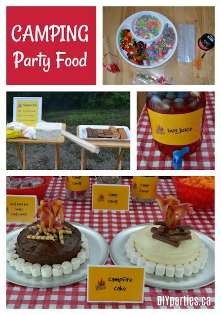 DIY Parties: Camping Party Food Ideas Mountain Themed Food, Camping Birthday Food, Camp Party Food, Camping Party Food Ideas, Camping Birthday Party Food, Camping Party Food, Camping Themed Party Food, Party Food For Toddlers, Camping Theme Cakes