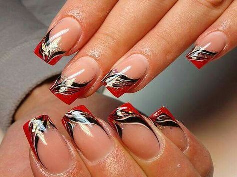 Very pretty red and black design Red Nail Tips, Nail Tip Designs, Manikur Kuku, Manicure Nail Designs, Finger Nail Art, Lashes Mascara, French Nail Designs, Pretty Nail Designs, Her Nails