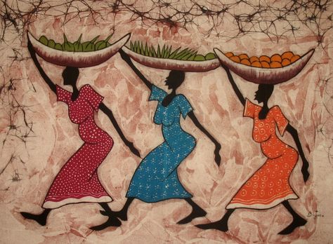 Arte africano Homestead Cabin, African Drawings, Africa Painting, Style Africain, African Paintings, Afrikaanse Kunst, Contemporary Art Daily, Three Women, Africa Art