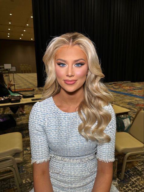 Pageant Hair and Makeup Pagent Makeup Miss Usa, Natural Makeup Pageant, Makeup Ideas Pageant, Makeup Looks Pageant, Simple Pageant Makeup, Big Pageant Hair Curls, Pageant Headshot Makeup, Pageant Hair Blowout, Pageant Makeup For Brunettes Blue Eyes