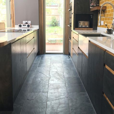 Brushed Black Slate Tiles - 600x300mm | Stone Tile Company Black Slate Floor, Slate Floor Kitchen, Grey Slate Tile, Black Slate Tiles, Floor Tile Grout, Slate Kitchen, Slate Tile Floor, Slate Floor, Slate Tiles