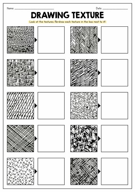 Drawing Texture Worksheet Drawing Texture Worksheet, Texture Worksheet, Element Of Art Texture, Drawing Texture Ideas, How To Draw Worksheets, Texture Art Lesson, Grid Drawing Worksheet, Art Worksheets Printables, Art Handouts