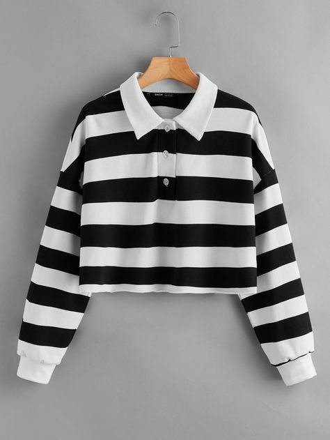 Drop Shoulder Striped Sweatshirt Women Long Sleeve Shirt, Chic Sweatshirt, Striped Sweatshirt, Y2k Aesthetic Outfits, Striped Sweatshirts, Polo Shirt White, Black And White Pattern, Striped Polo Shirt, Womens Long Sleeve Shirts