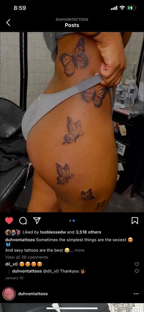 Tattoo Inspo For Mom, Trending Female Tattoos, Butterfly Body Tattoo, Unique Side Thigh Tattoos, Cool Hip Tattoos For Women, Baddie Neck Tattoos Butterfly, Butterflies Going Up Side Tattoo, Cute Back Tattoos For Women Unique, Lower Back Tats Black Women